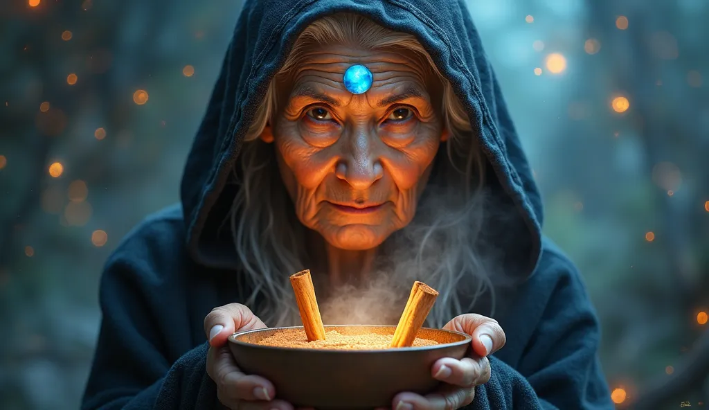 An elderly Asian woman with silver-white hair, deep wrinkles, and a mysterious yet wise expression gazes directly at the viewer. She wears a dark hooded cloak, giving her an enigmatic and mystical aura. A glowing blue gemstone is embedded on her forehead, ...