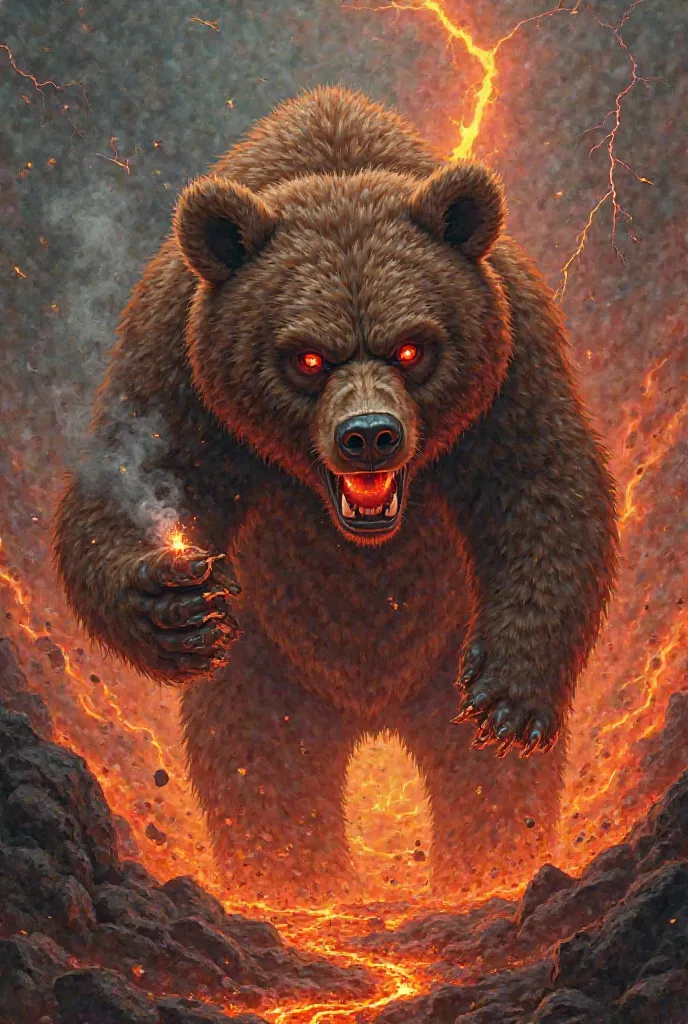 honey bear is on a rampage the color of red eyes, He was holding a cigarette in his hand., against the backdrop of a volcano and surrounded by lava and lightning,  High image quality 