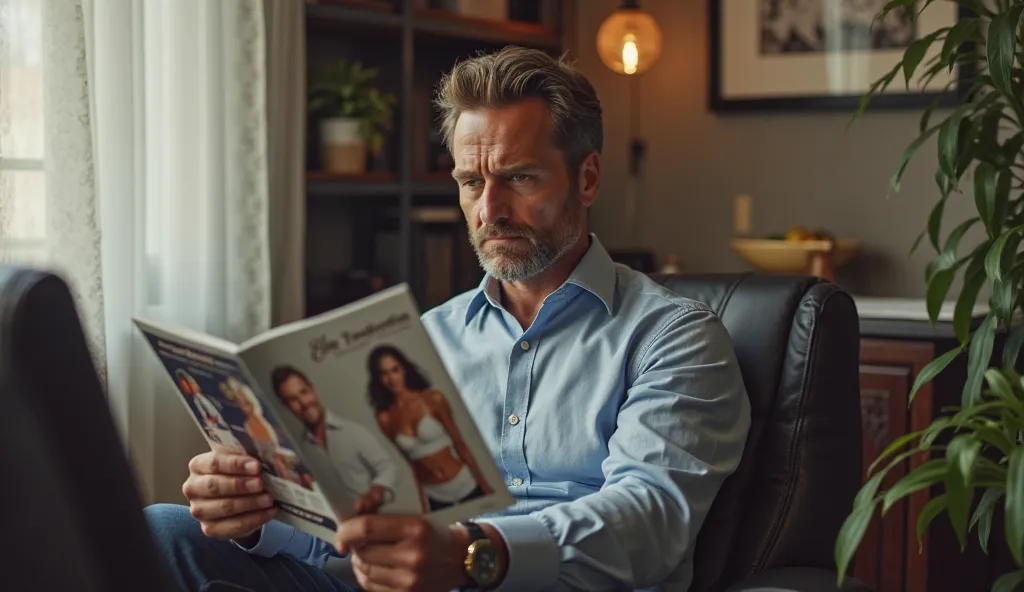  Young angry man sitting in the corner of Mark's office, is amazed looking at a brochure with the inscription "Elite Transformation: Where Wellness Meets Luxury" and a photo of his wife on the cover,Follow the instructions of all