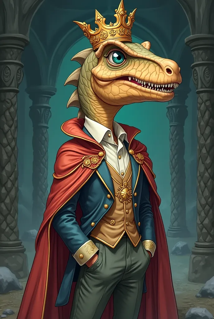 The head is a dinosaur, the body is a normal human, wearing a shirt, pants, dressed like a prince, the background is deep, I want to have cartoon lines, see the whole body wearing a crown.