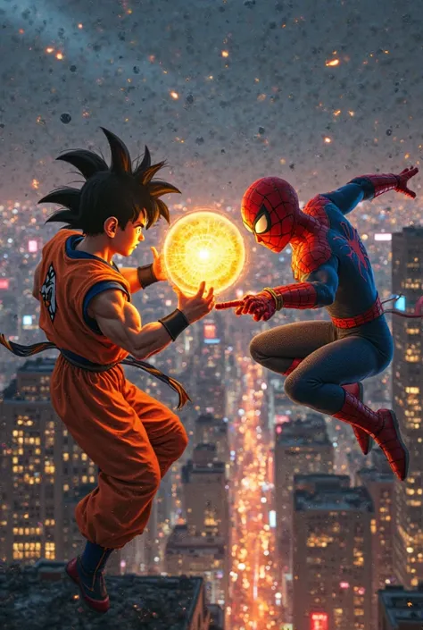 In the middle of a bustling city skyline at night, Goku and Spider-Man battle intensely over a glowing Dragon Ball. The golden orb pulses with energy as it changes hands, casting a radiant light on their determined faces. Goku, with his battle-worn orange ...