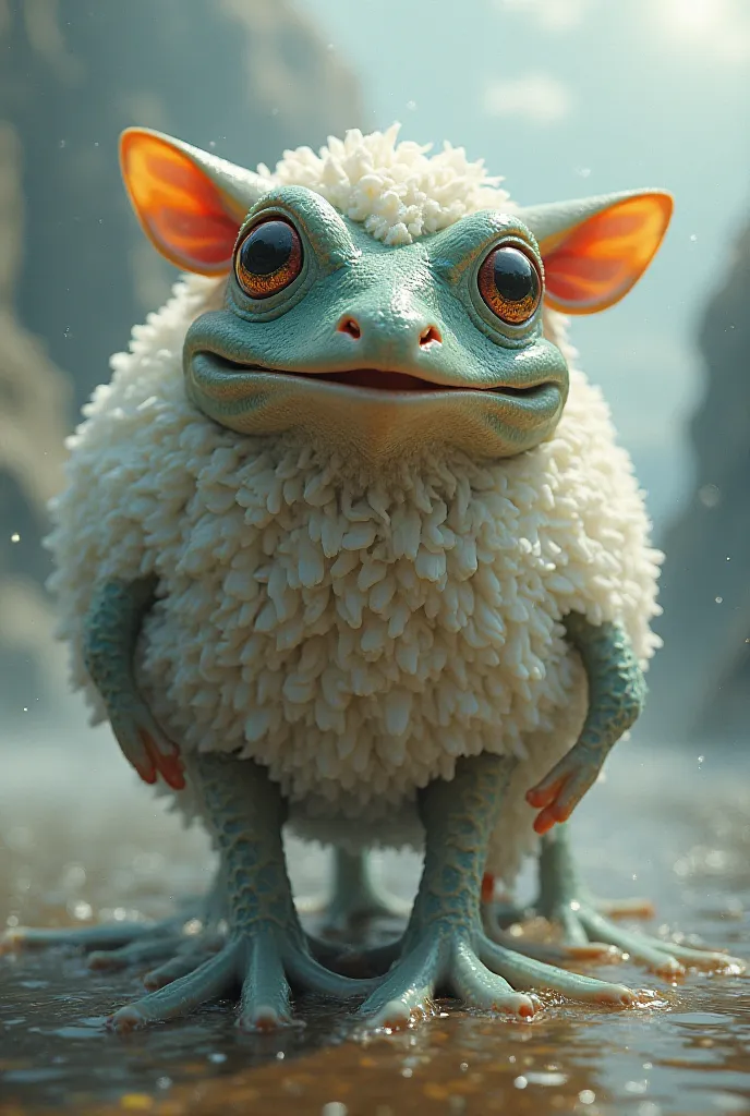 A sheep with fins and a frog's head