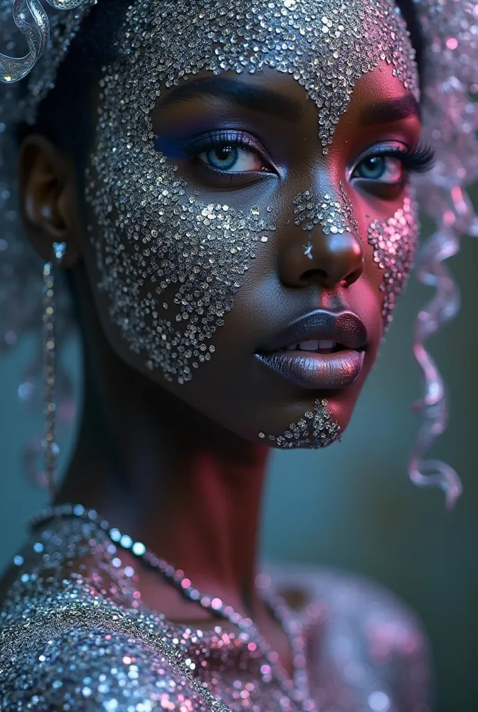 Full body! Black-skinned fashion woman, alluring blue eyes, vibrant silver lips, sequin silver hair.  face covered intricate shimmering, Whirling silver sequins, serene expression, elegant poise,Dressed in a silver sequined dress vibrant lighting, vibrant ...