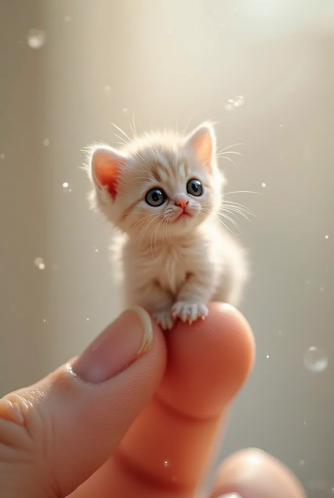 A tiny, fluffy kitten perched delicately on a human fingertip, looking up with wide, innocent eyes."