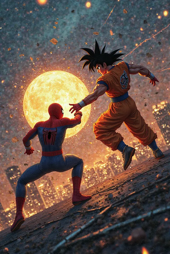 The battle rages across the rooftops, the night air filled with the sounds of rapid movement and the occasional crackle of energy. Goku and Spider-Man move with near-superhuman speed, their focus locked on the glowing Dragon Ball clutched between them.

Go...