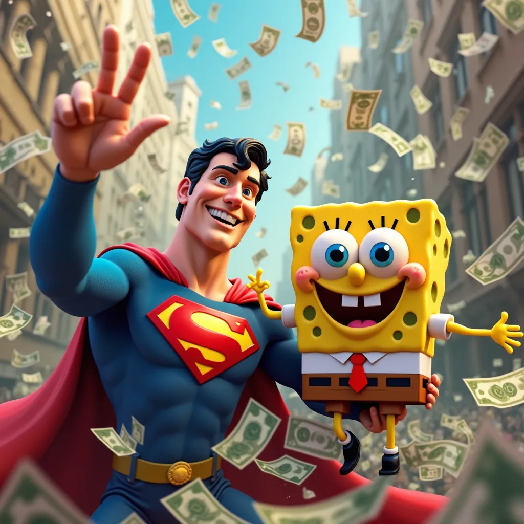 Superman and SpongeBob taking selfie smiling with lots of money bills on the side 