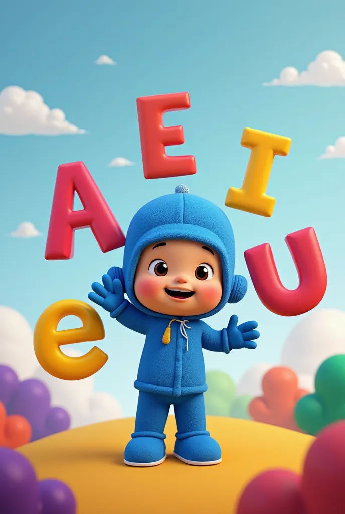 Pocoyo supported by the vowels a b c
