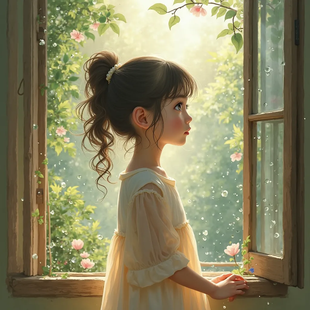 Awakening , Dew drops on an open window,  Girl looking out the window 