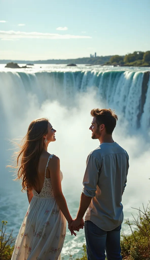 A woman and a man are visiting Niagara Falls together. As the roar of the waterfall rises in the background, the couple holds hands, gazing at the waterfall with excitement. The woman smiles, mesmerized by the power of the water, as her hair is blown by th...