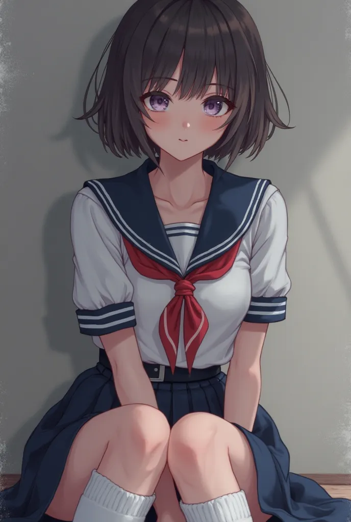  a real woman -purple/grey eyes- wearing a white short-sleeved blouse with a sailor collar- a navy blue skirt - a red ribbon tied at the collar- and white knee-high socks with black shoes-a short bob hairstyle -contemplative expression