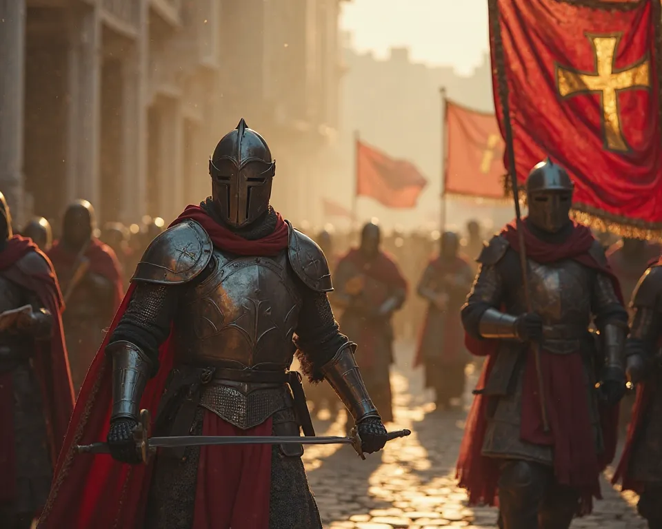 Realistic 8K HD photo image with cinematic lighting where two soldiers of the Inquisition wearing armor and swords are chasing people in long robes carrying scrolls in their hands with their unsheathed swords, People are seen fleeing soldiers, a banner wit...