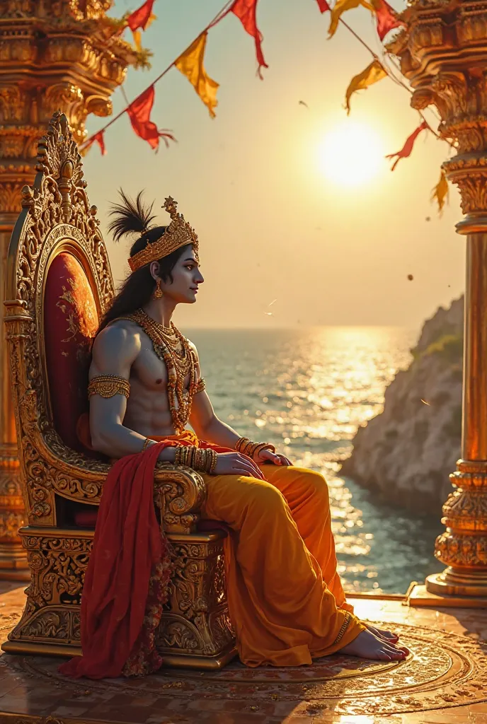 "A golden ancient city of Dwarka with grand palaces, shimmering under a bright sun. Lord Krishna sits on a jeweled throne in a royal court, wearing intricate gold attire. Vibrant flags flutter in the wind, and the ocean sparkles in the background. Epic, di...