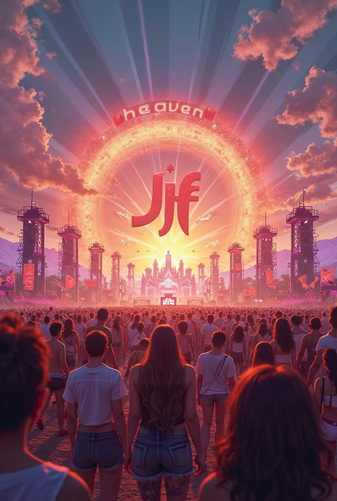 An electronic music cover must include the word Heaven and the letters JF, it has to look realistic and striking with the feeling of being at an electronic music festival 