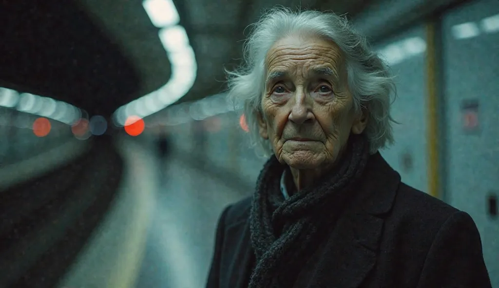 A thoughtful elderly man (or woman) in their late 60s or 70s, standing in a dimly lit underground metro station. The cool artificial lighting casts soft shadows on their face, highlighting deep wrinkles and a contemplative expression. The empty platform st...