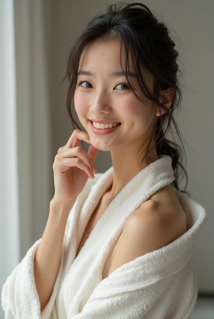 Best quality, High resolution, cheerful 25yo sylphlike southern vietnamese wearing bathrobe, 30aa, wet hair after shower, show underarm to camera by raising hand