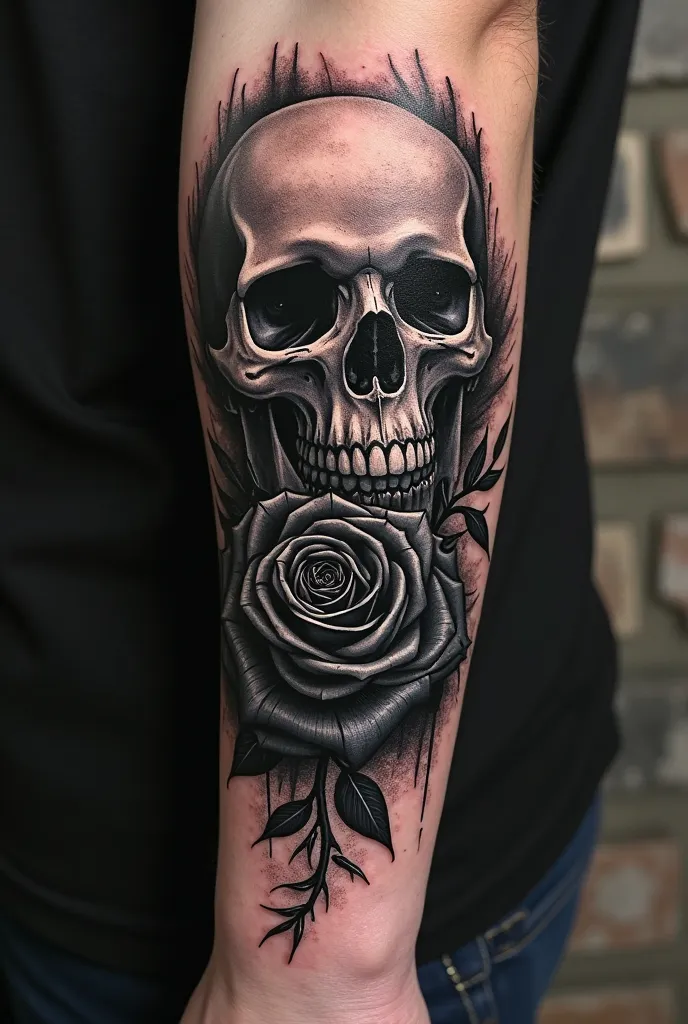 Skull and black rose in armband as a armband tattoo