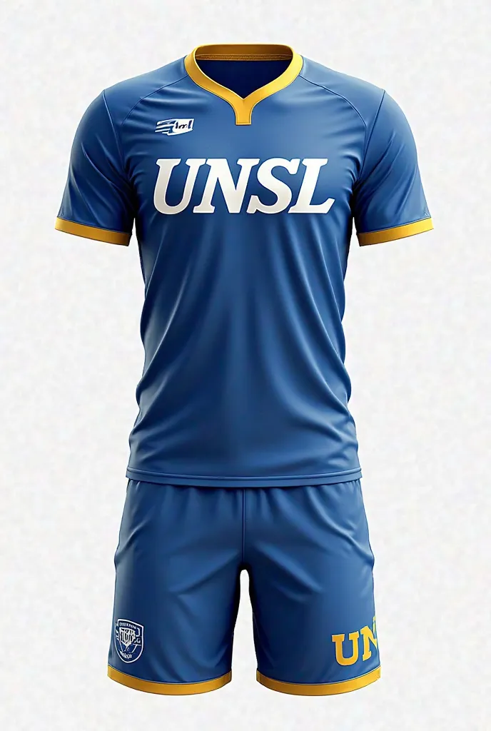 Make a sports outfit , shorts and short t-shirt for volleyball , that says UNSL on the shirt and pants and that bears numbers and leaves room for the UNSL shield . that respects the colors blue , white and yellow on the edges or in smaller quantity 