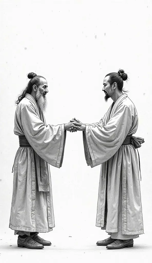 Sun Tzu and Lao Tzu did a hand shake novel sketch with white background 