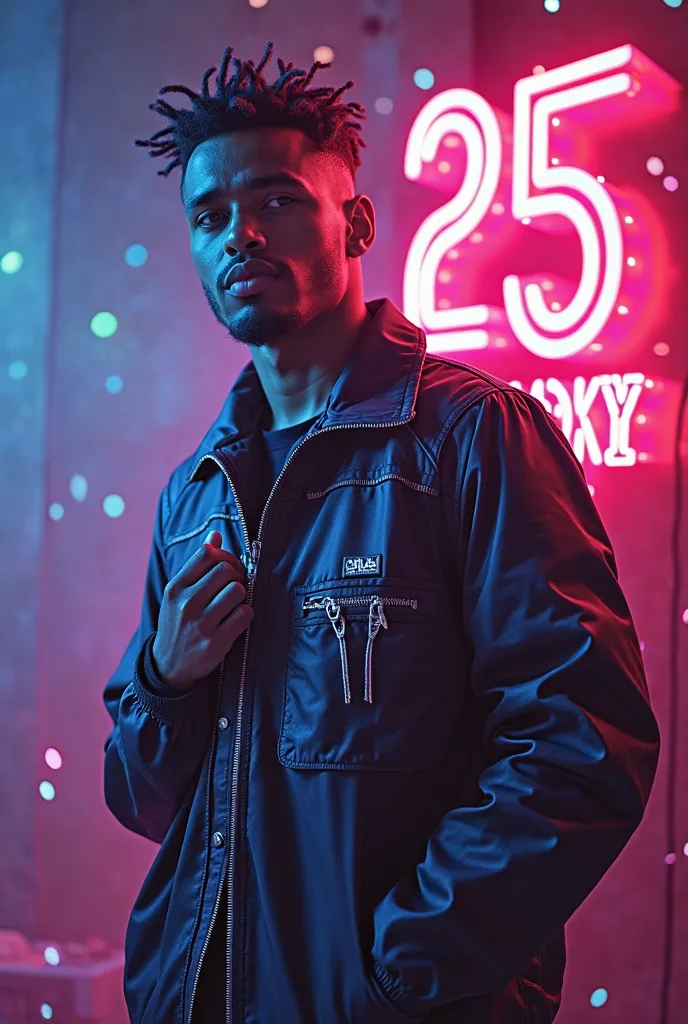 Here is the 3D image of the trap music artist EL KOSSY celebrating his 25th birthday:

The image represents EL KOSSY in a safe and determined pose, surrounded by colorful and acoustic lights that recall the energy of trap music. The name EL KOSSY appears i...