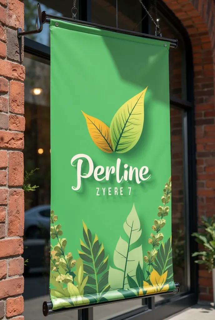 attractive green color Store Banner on brownish brick wall with a leaf logo and the name"Geelong Convenience Store" written on it