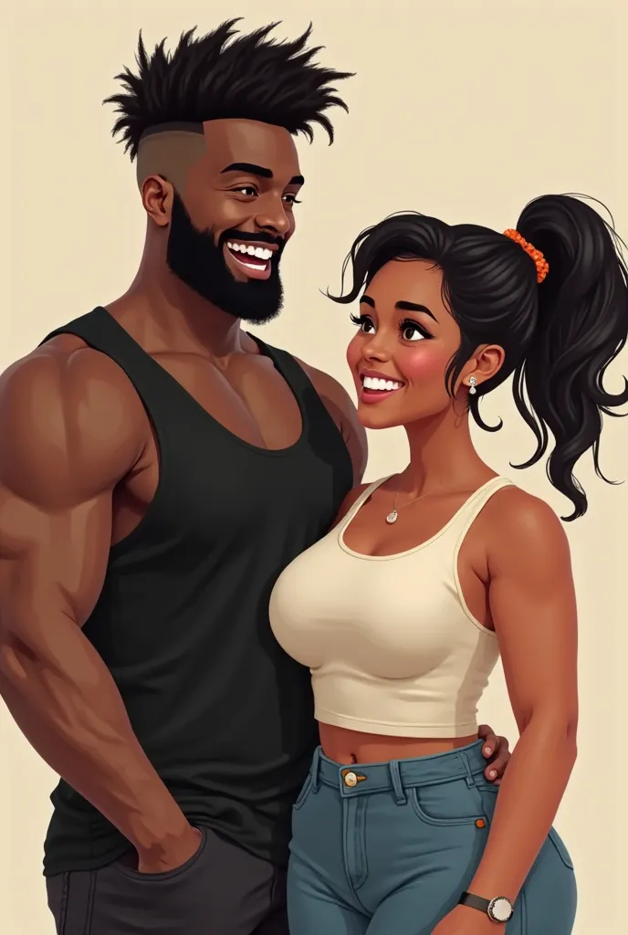 Use the picture as face reference and figure reference, the guy is 5”10, dark/brown skin tone, very short buzzed hair with beard, dark hair, make him wear a black tank top, he has a skinny muscular athletic dorito body shape build, and the girl is 5”5, dar...