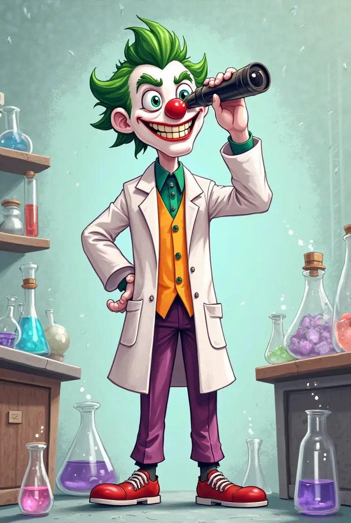 2D cartoon-style joker using a lab coat and stereoscope
 