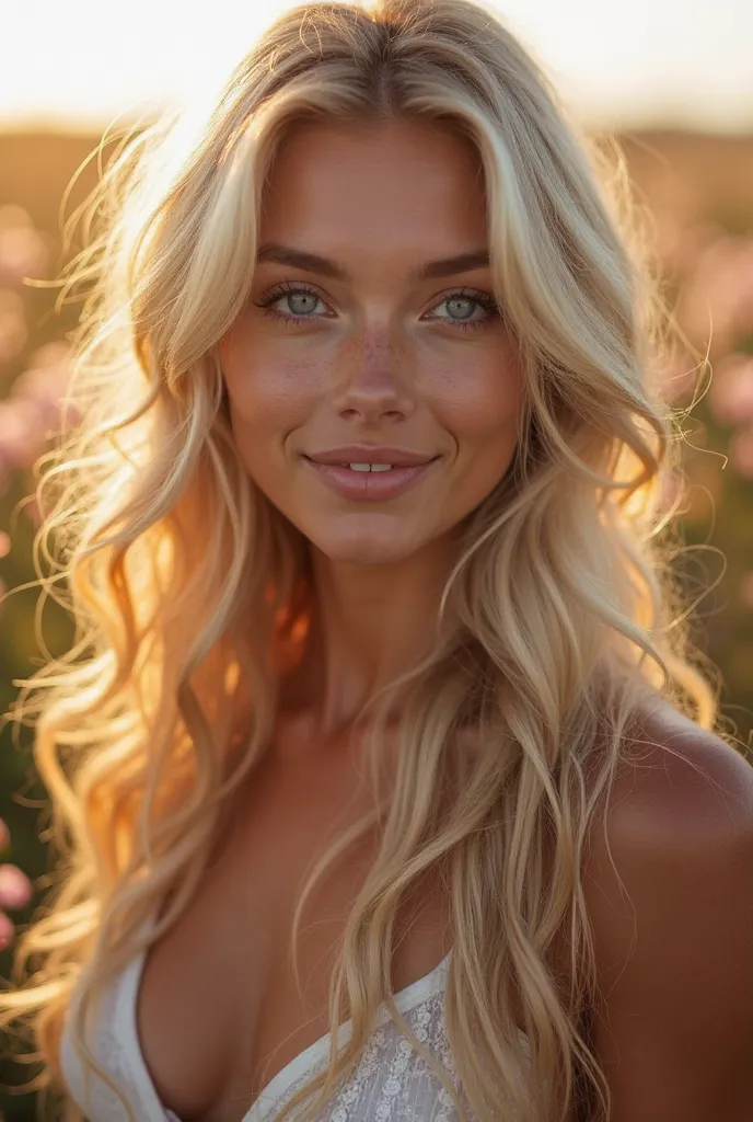 A stunning woman with long, wavy blonde hair and intense blue eyes. Your fair skin glows in the sunlight, giving you a natural glow. She is naked which enhances the color of her eyes. The setting is outdoors, with a softly blurred background of a field of ...