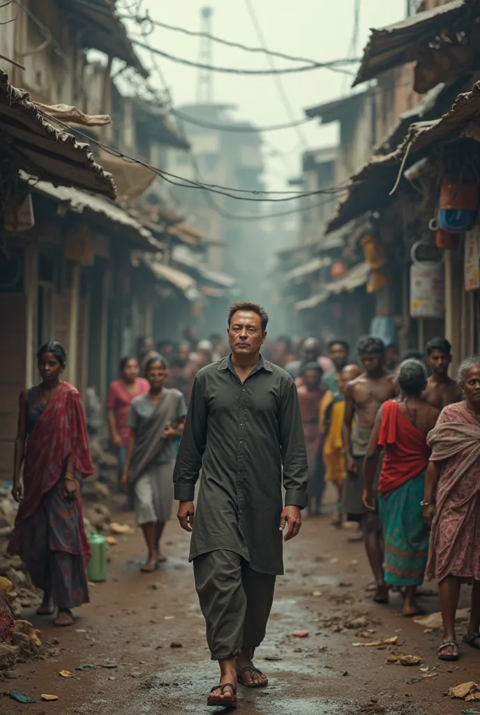 Elon Musk walking sadly around jhopad patti