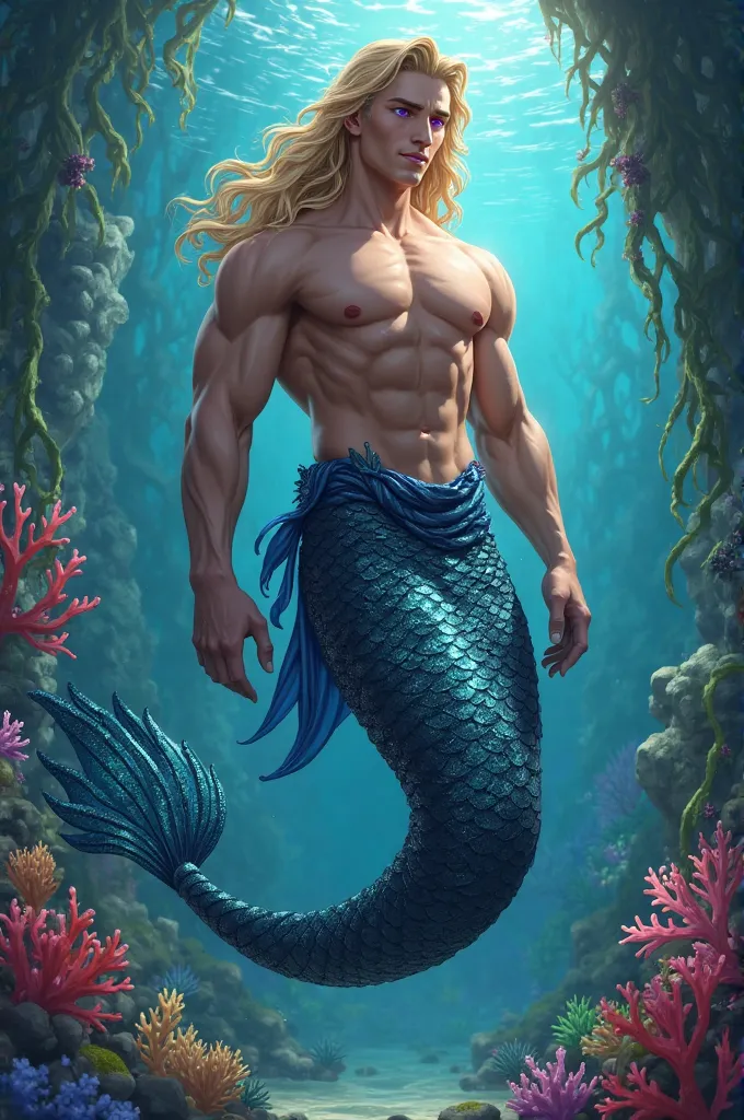 A male mermaid with blond hair and a blue eye and a purple eye, also whose tail scales are dark blue and that looks like a prince 