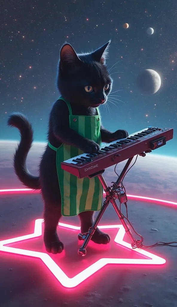 documentary video realistic, ultra-realistic, human-like giant black cat\(human-like giant black cat, little chubby, big, tall, taller than human, wearing a vertical striped green apron\), the human-like black cat is playing the futuristic synthesizer keyb...