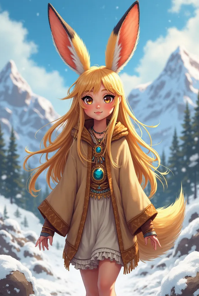 A Indian girl in anime style with massive fennec ears, long blonde hair, and brown eyes, wearing a lehanga and Jwellery, is walking in beautiful outdoor scenery with snow-capped mountains in the background.