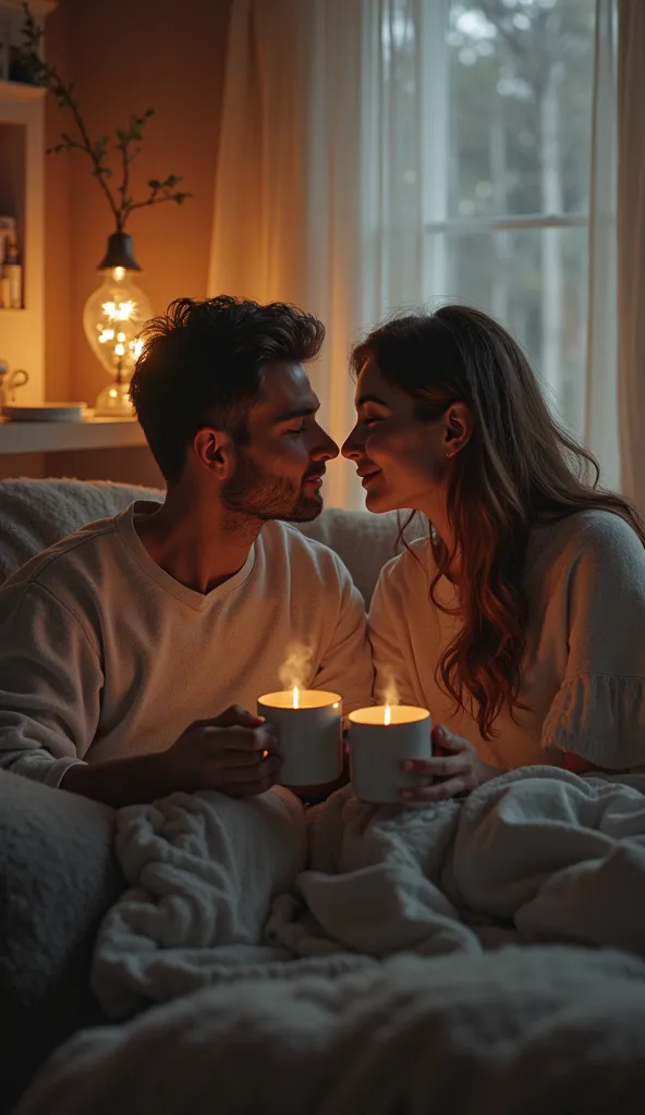 A woman and a man, embodying the physical traits of Taurus, are watching TV together in a safe, cozy home while sipping warm tea. There is a peaceful atmosphere around them, a comfortable sofa, soft lighting, and the steam rising from the tea. Their bond i...