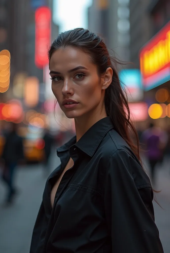 A photo of a model wearing a plain black shirt in a New York one