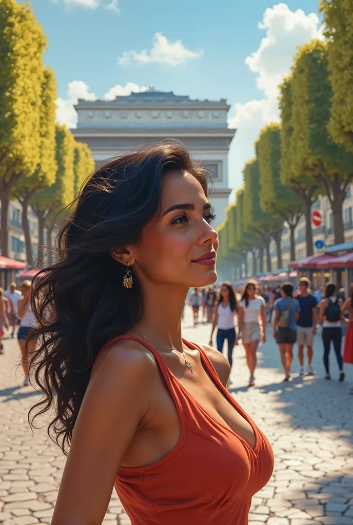 Latina woman on the Champs Elysée with a view of the Arc de Triomphe