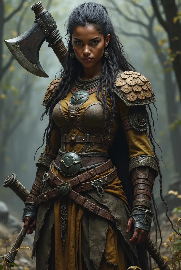 1girl,wild barbarian woman,elaborate hair,braids,full body shot,Clyde Caldwell,impractical armor,Katharine Isabelle,martial arts,detailed portrait,hyperrealistic,dramatic lighting,dark fantasy,muted colors,dramatic shadows,epic fantasy,highly detailed,mood...