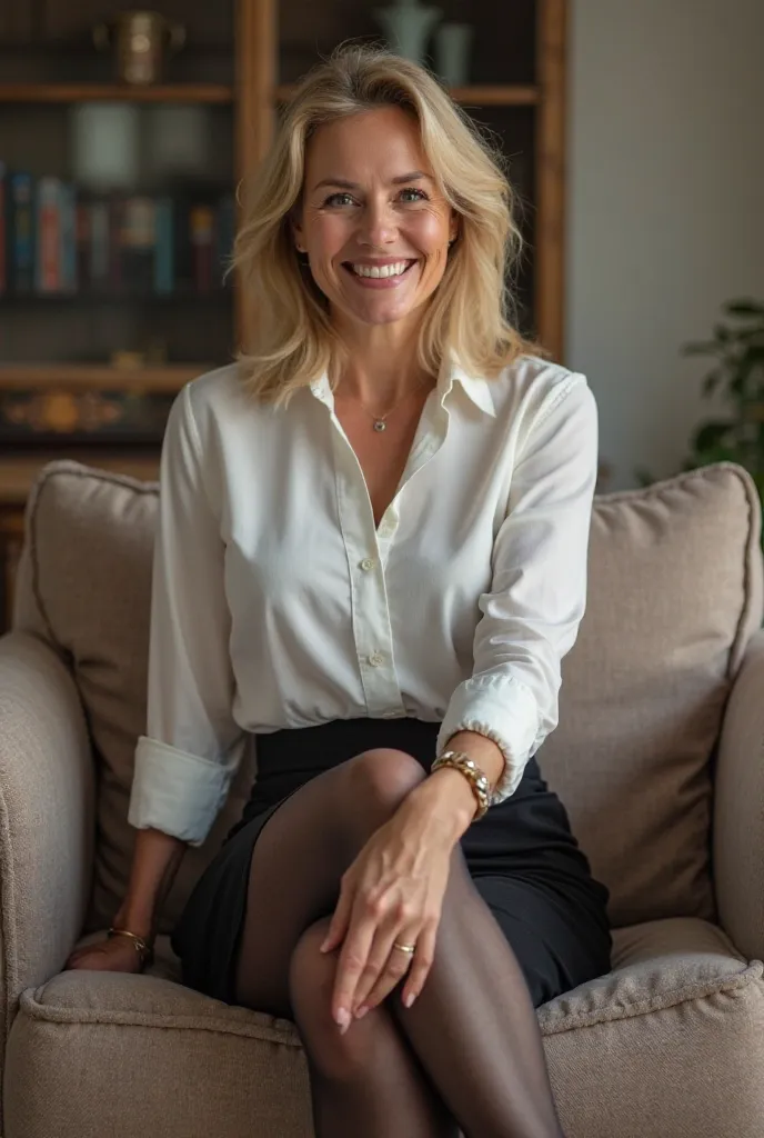  blonde woman, 50-year-old mom, porte une jupe courte noire,  a white blouse , des collants noirs et des hauts talons. Elle est assise et croise les jambes dans sur son canapé. Une photo réaliste.