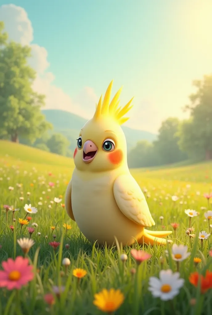 A lutino cockatiel in the HAPPY field