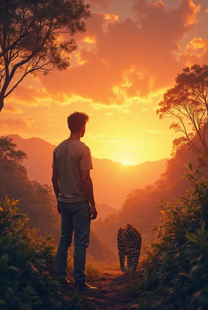 a man watching the sunset as a jaguar moves away from him 