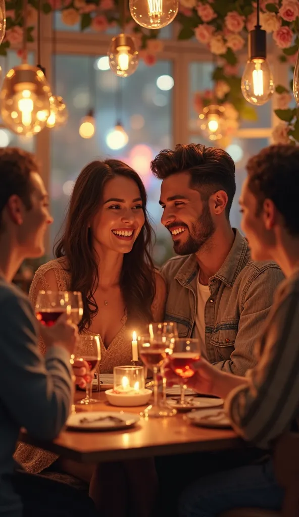 A woman and a man, embodying the physical traits of Aquarius, are enjoying a social event with their friends. The woman happily integrates her partner into her social circle, while the man comfortably interacts with those around him. They are both laughing...