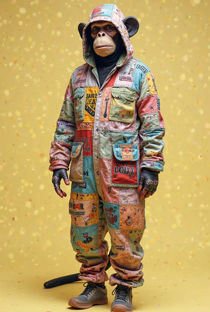 I need an image about this costume in a group of 15 equal people 

Patchwork jumpsuit:
Imagine a one-piece suit, Monkey style, made with scraps of fabric in bright colors and disparate prints. Each patch represents a vice:
	• A smartphone patch: • With a b...