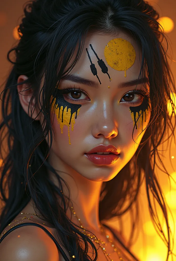 a Vietnam woman with black and yellow paint on her face, dark fantasy artwork, vtmb, fiery coloring, anime barbie doll, drawn in the style of mark arian, in rich color, dripping skin, beautiful gemini good and evil, avatar with a black hair, ( ( brown skin...