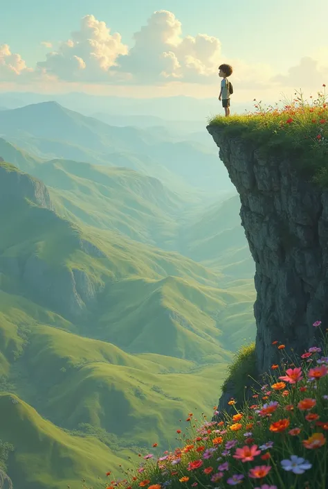 create a young boy at the edge of a cliff. The boy should be sorrounded by beautiful flowers and green grass.