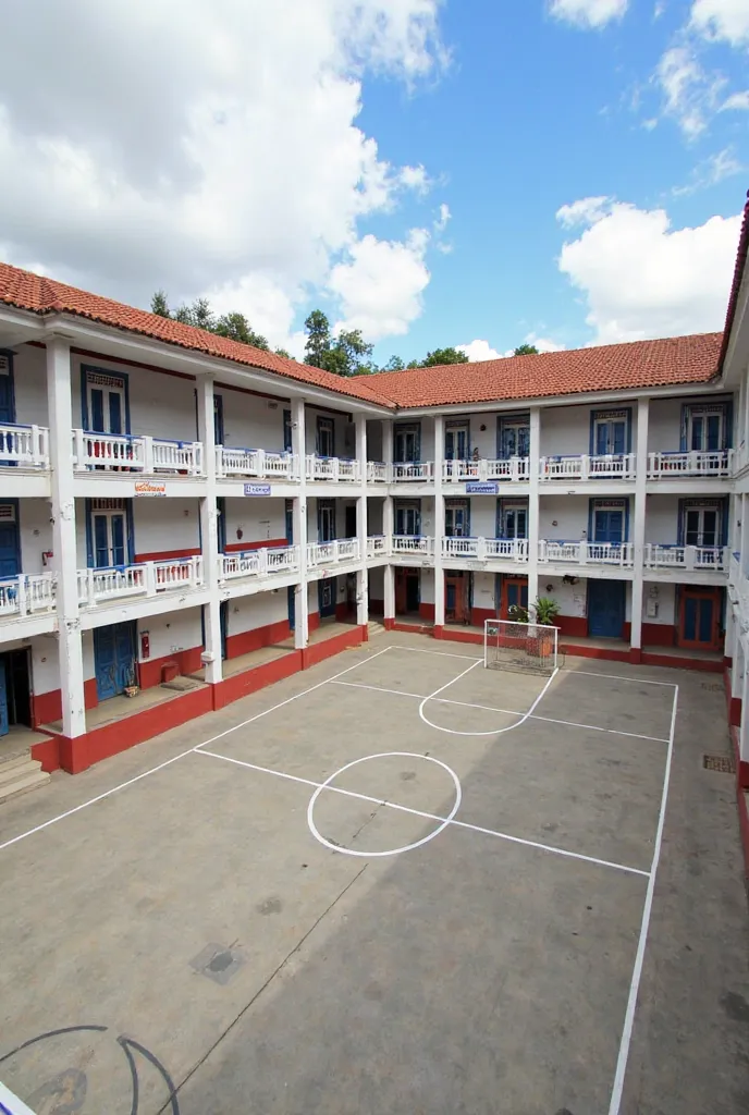 la imagen muestra el patio de una institución educativa con una cancha deportiva en el centro. You can see a two-story construction with traditional architecture, characterized by white walls and red and blue details on the bottom and the railings.

detail...