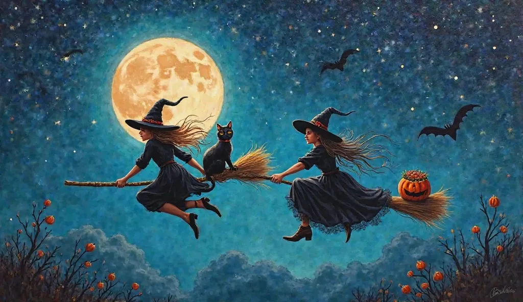 Create a masterpiece painting where the full moon is in full swing and two witches are flying on broomsticks across the starry sky. One of them, who is a little further away, has a cat sitting on the end of her broomstick. The other one has a basket with s...