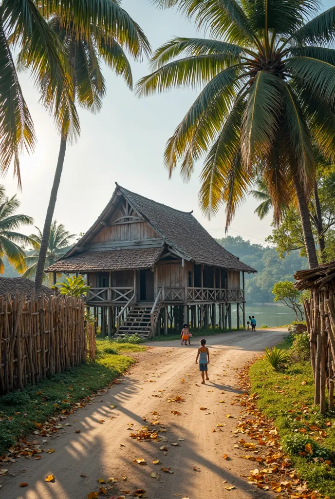 photorealistic traditional brown stilt-house in a malay village near a lake fenced with bamboo there is a coconut tree on the side of the dirt road strewn with yellowed leaves. Some young ren with a traditional rubber jumping game. Wide Shot, 35mm, Sony FE...