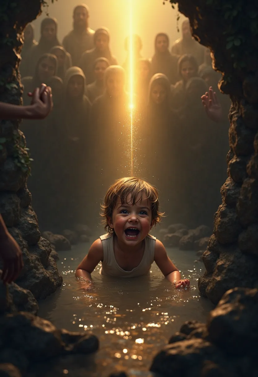 "A small  has fallen into a deep and dark well, his hands cling to the wet rocks as he cries desperately. outside, A crowd gathers, unable to help. suddenly, Jesus Christ appears , kneels at the edge of the well and reaches out. A golden glow envelops the ...