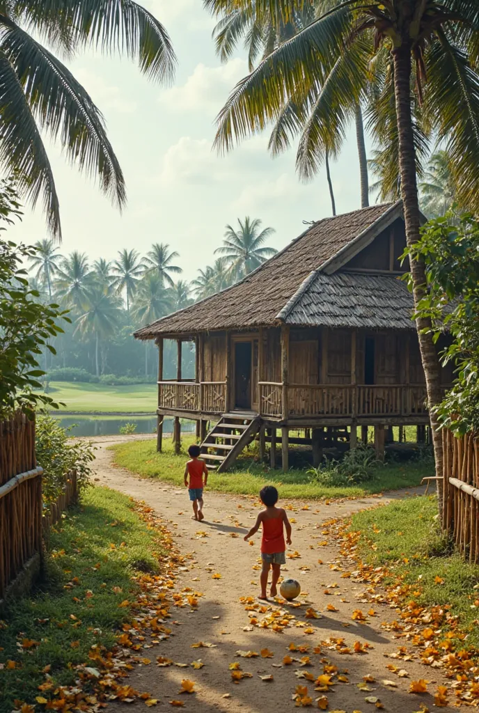 fotorealistik rumah panggung warna coklat  traditional di desa melayu dekat danau dipagari bambu  terdapat pohon kelapa di pinggir jalan tanah yang berserakan daun menguning. A couple of little s playing ball on a golf course .traditional. Wide Shot, 35mm,...