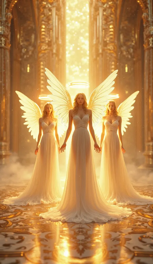 three angels paired in a golden palace 