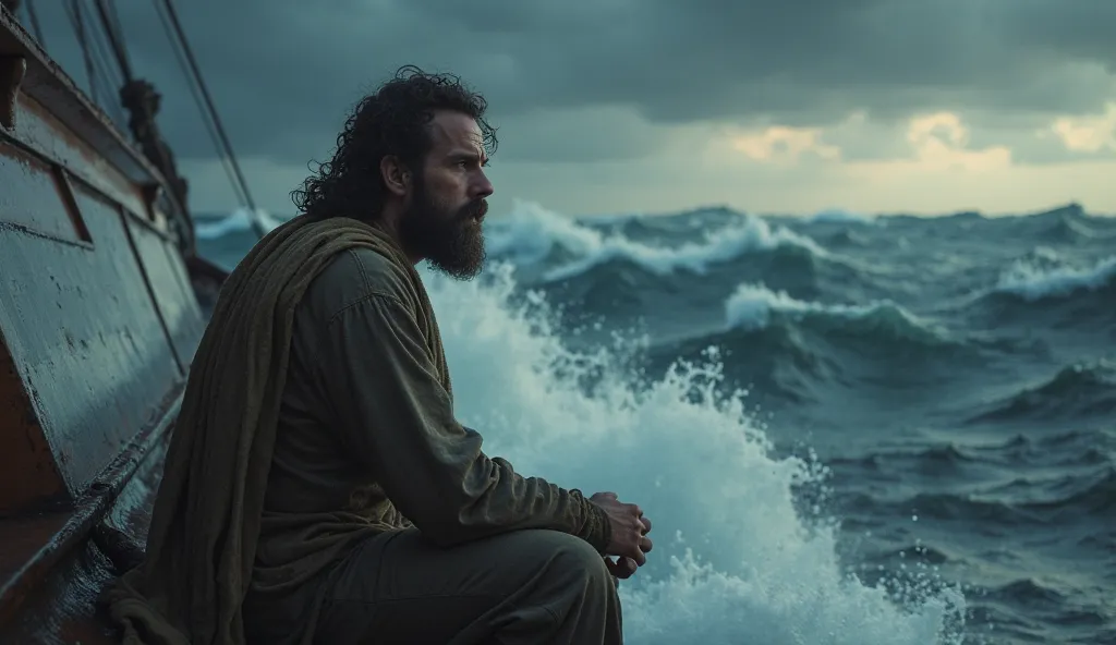 Close-up of Jonah sitting on the ship’s deck, his body still and tense as he gazes into the stormy sea. His face reflects a mix of fear and resignation, while the storm rages violently around him. The ship tilts and rocks, waves crashing over the sides, bu...