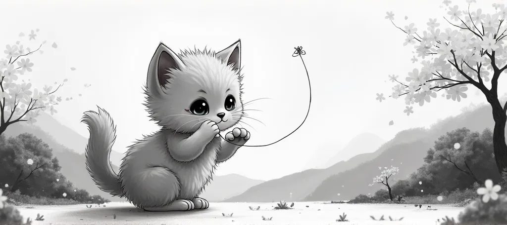 "A fluffy anime kitten with large, sweet eyes playfully with a thin thread. It has soft, detailed fur and an elegant, playful posture. Surrounded by an aesthetic black and white landscape with rolling hills, blooming cherry trees without colors and calm,  ...